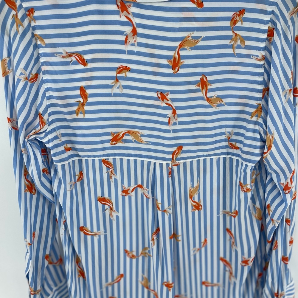 Soft Surroundings blue and white striped button down with koi fish print - Picture 3 of 5